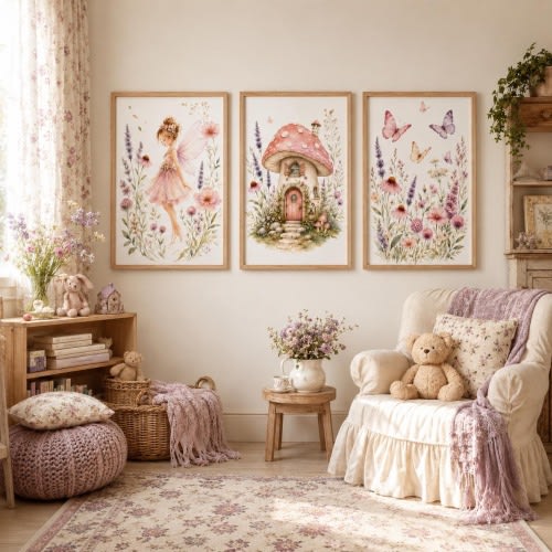 Fairy Garden Wall Art Set, Watercolor Mushroom House, Floral Butterfly Nursery Prints