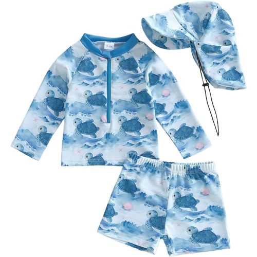 Baby Boy Long Sleeve Swimsuit Rash Guard and Trunk Set Bathing Suit with Hat Toddler Boys Beach Swimwear Sunsuit