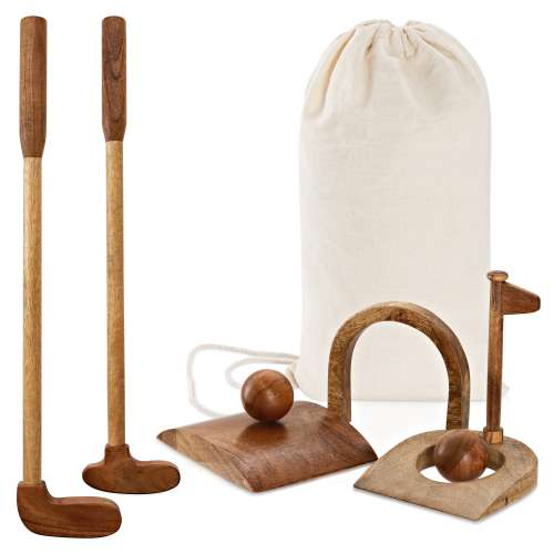 Montessori Wooden Golf Set for Kids | Mango and Acacia Wood | 2 Clubs, 2 Balls, Flag, Obstacles and Bag | Indoor and Outdoor Play for Ages 3
