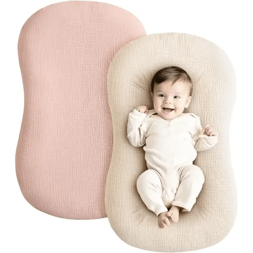 Konssy Muslin Baby Lounger Cover 2 Pack, 100% Cotton Newborn Lounger Cover, Soft and Breathable Baby Nest Slipcover for Boys Girls (Pink,Wheat)