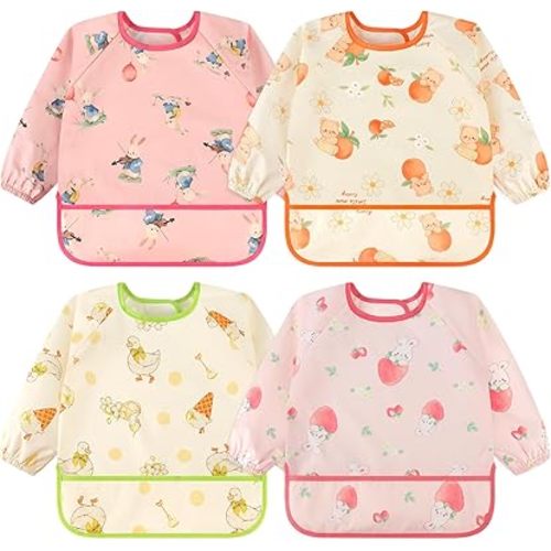 Accmor 4 Pack Long Sleeve Bibs, Baby Smock Waterproof Sleeved Bib Smock for Baby Toddler 6-36 Months