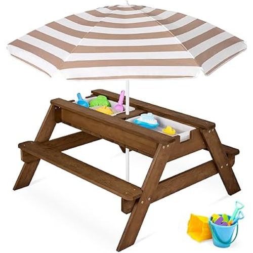 Best Choice Products Kids Picnic Table with Umbrella, 3-in-1 Sand & Water Table, Outdoor Convertible Picnic Table for Toddlers, Seats 4, Removable Top, 2 Buckets - Walnut/Beige