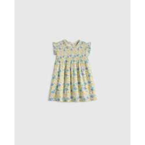 100% Organic Cotton Poplin Smocked Flutter Sleeve Dress - Baby Girl in Blue Ditsy Floral