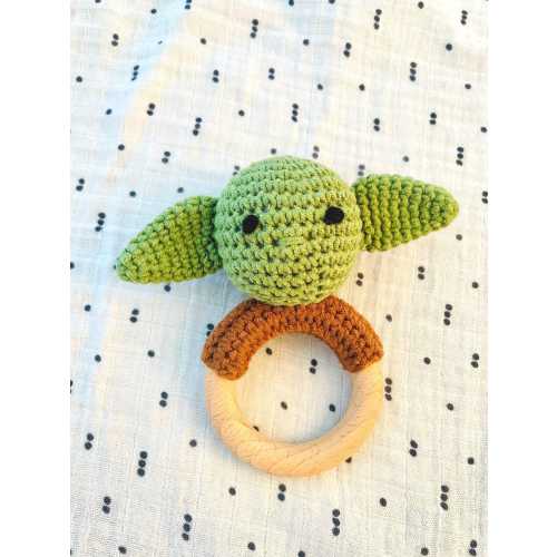 Organic Baby Yoda Rattle. Hand-Knit Star Wars Baby Toy. Natural Cotton & Beech Wood Rattle.  Unisex Baby Shower Gift. Soft Newborn Toy