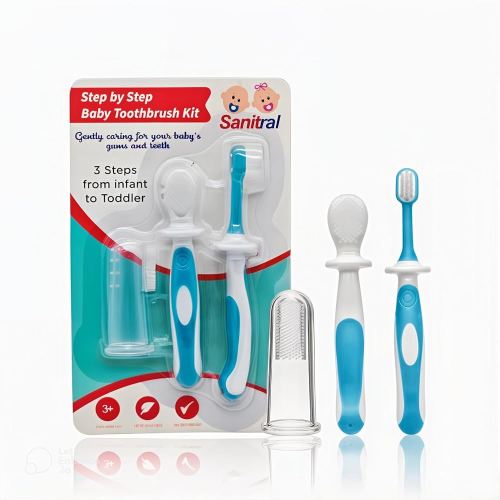 Baby's First Toothbrush Kit - Step by Step 0-2 Years - Safety-Tested & BPA-Free 3-Pack (Finger, Silicone, Toddler Toothbrushes) - Blue