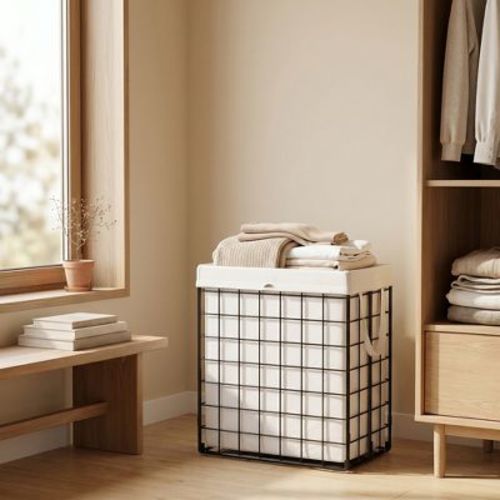 LEDREM Laundry Hamper, Large Collapsible Basket with Removable Washable Liner, 29 Gal., White and Black