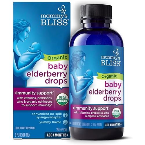 Mommy's Bliss Organic Baby Elderberry Drops, Immune Support with Vitamins, Prebiotics, Zinc & Organic Echinacea, Age 4 Months +, 3 Fl Oz (36 Servings)