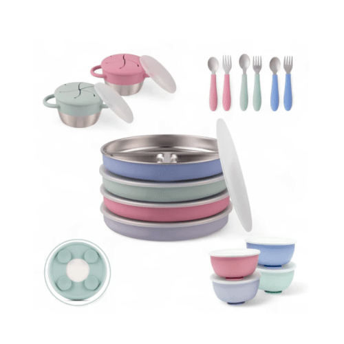 Stainless Steel Mealtime Bundle | Sucton Sleeves | Plates, Bowls, Snack Cups + Toddler Utensils | 16 Pcs | Blush/Lilac/Sage/MistyBlue