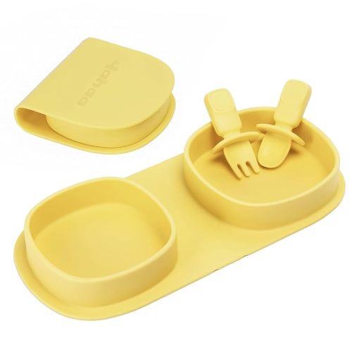 Silicone Foldable Novelty Dinner Plates, Baby Plates with Forks and Spoons, Baby Travel Essential, Microwave & Dishwasher Safe, Lemon