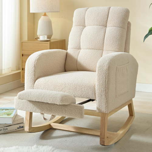 Large Rocking Chair with Footrest, Teddy Fabric Glider Recliner for Living Room, Oversized Accent Chair with Side Pocket, Soft Rocker for Nursing and Relaxation (White Teddy)
