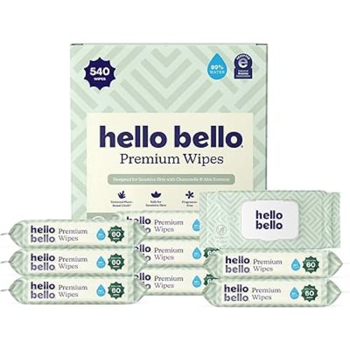 Hello Bello Premium Wipes, Designed for Sensitive Skin with Chamomile & Aloe Extracts, Simply Sage (9 Resealable Packets = 540 Total Wipes)