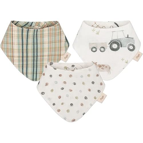Crane Baby Cotton Bandana Bibs, Charlie Farmhouse Tractor 3-pc. Set, Baby Bibs for Drooling and Teething, Rustic Farm Nursery Theme, Tractor Bib For Newborn, Bib For Babies