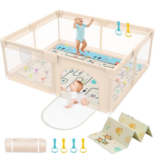 71 x 59 Baby Play Pen with Mat - Indoor & Outdoor Playpen for Babies and Toddlers - Extra Large Play Yards with Soft Foam & Sturdy Bottom Suction Cups - Toddler Baby Play Yard with Gate(Apricot)
