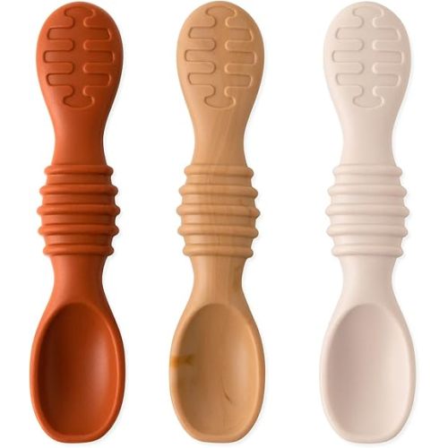 Bumkins Baby Utensil Set, Silicone Trainer Spoons for Dipping, Soft Tip, Self-Feeding, Chew, Baby Led Weaning, First Year Training Supplies, Essentials in Learning Eating, 4 Mos, 3-pk Beige and Brown