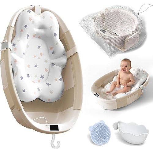 Collapsible Baby Bathtub - Large Baby Bath Tub with Thermometer | Bath Essential Bañera para Bebe Easy Fold Baby Tub | Travel Infant Newborn Toddler Bathtub for Baby Girl Boy 0 to 36 Months(Khaki)