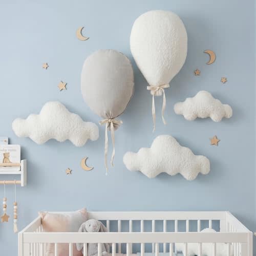 Kathfly 5 Pcs Cloud Balloon Baby Nursery Decor Set Artificial Fabric Fake Clouds Hot Air Balloon Nursery Decor Mini 3D Linen Felt Wall Hanging Decoration for Room Bedroom Baby Shower Party Gift