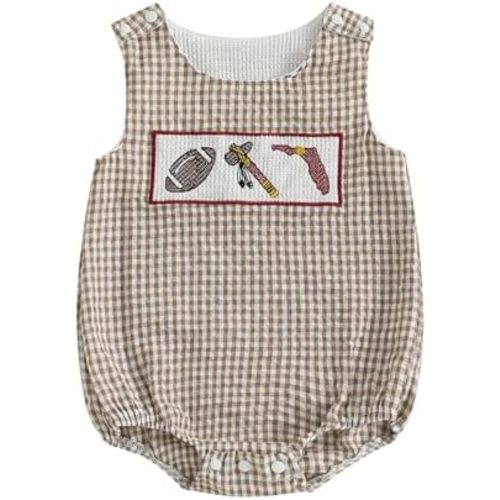 Baby Girl Boy Football Outfit College Football Bubble Romper Sleeveless Plaid Overalls Bodysuit Game Day Clothes
