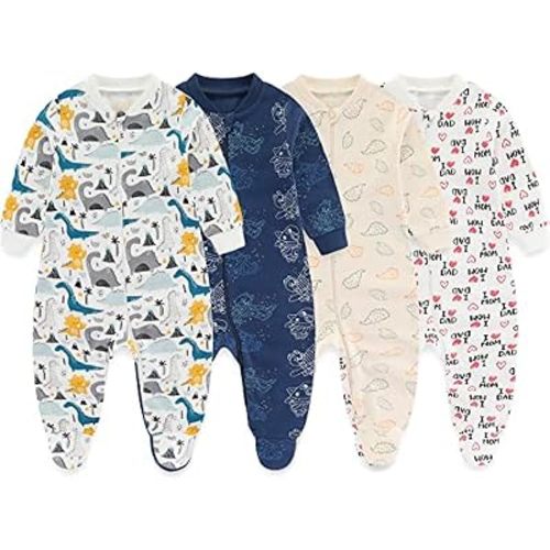 MAMIMAKA Newborn Baby One-Piece Footies Romper 2-Way Zip Cotton Bodysuit Long-Sleeve Jumsuit 4-Pack,0-12 Months