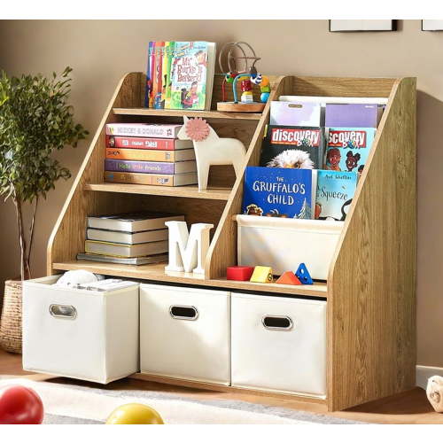 Kids Bookshelf and Toy Storage Organizer, Montessori Nursery Book Shelves with 3 Tier Sling Rack & Fabric Toy Bins, Children Toddler Baby Bookshelf, Wooden Toy Shelf for Kids Room Playroom