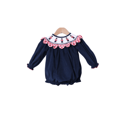 Smocked Nutcracker Navy Corduroy Gingham Scalloped Bubble