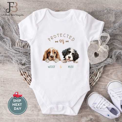 Personalized Baby Onesie: Protected By Dog Names, Custom Dog Bodysuit