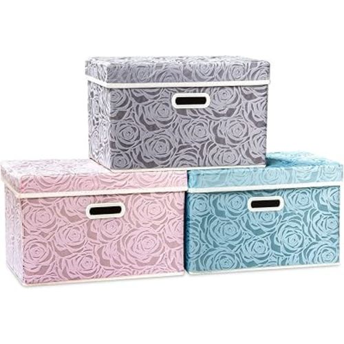 Larger Collapsible Storage Cubes with Lids Fabric Decorative Storage Bins Boxes Organizer Containers Baskets with Cover Handles for Bedroom Closet Living Room 17.7x11.8x11.8 Inch 3 Pack