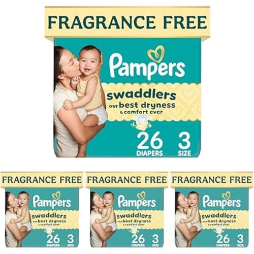 Pampers Swaddlers Diapers, Size 3 (13-26 lbs), 26 Count, Fragrance Free, Hypoallergenic, Absorbent, Pediatrician Recommended, Skin Safe (Pack of 4)