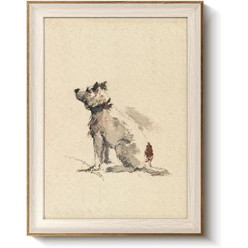 VIYYIEA Wide Framed Vintage Dog Sketch Watercolor Wall Art | Rustic Farmhouse Illustration Decor - Warm Nostalgic Vibe Canvas Painting | Living Room or Office - 12x16 Inch