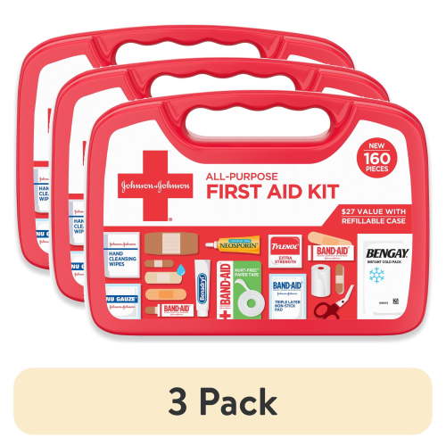 (3 pack) Johnson & Johnson All-Purpose Portable Compact First Aid Kit, 160 pc