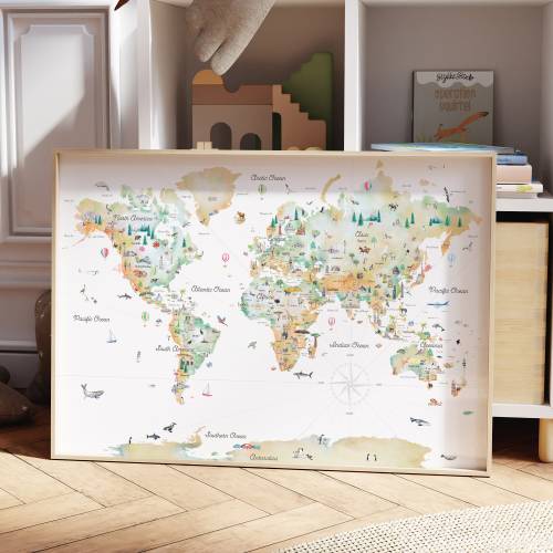 Educational Topographical Gradient World Map Print: Kids Wall Art