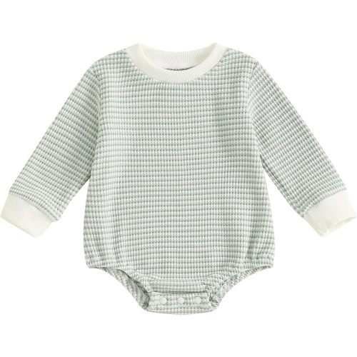 VISGOGO Unisex Baby Boy Girl Striped Romper Waffle Long Sleeve Bubble Oversized Romper Bodysuit Top Fall Clothes (Green, 3-6 Months)