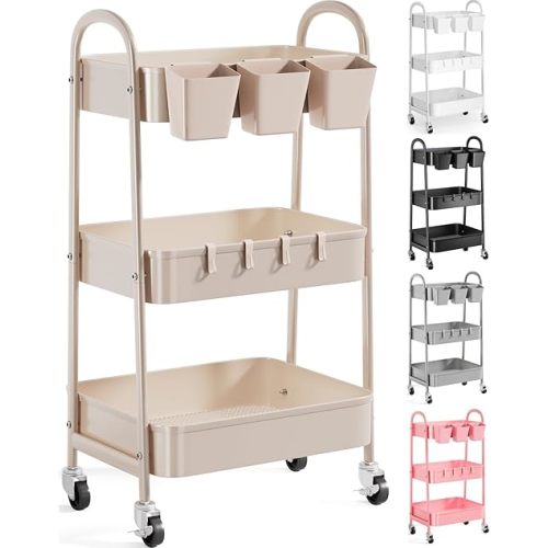 3 Tier Khaki Metal Utility Rolling Cart, Storage Cart with Handle and Lockable Wheels, Multifunctional Organizer Trolley with Mesh Storage Baskets for Kitchen, Office, Living Room, Laundry, Garage