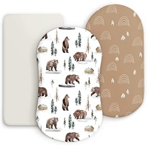 GRSSDER Stretchy Ultra Soft Fitted Bassinet Sheet Set 3 Pack, Universal Fit for Bassinets Baby Cradle Moses Basket Oval Rectangle Mattress Safe and Snug, Jungle Bear/Rainbow for Baby
