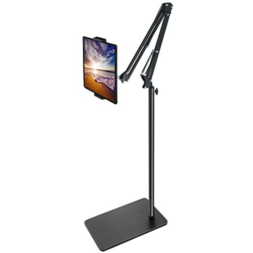 BluuSuuk Tablet Floor Stand with Double Weight Base, Overhead Bed Phone Mount Height Adjustable Arm Stretchable Stand Holder, Compatible with iPad Mini Air Pro, Galaxy Tab, Kindle, Switch, Cell Phones