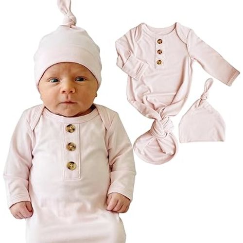 Caden Lane Newborn Knotted Gown with Hat, Soft Bamboo Viscose Baby Sack, Unisex Infant Breathable Night gown Pale Pink