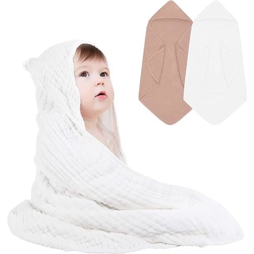 Premium 100% Hooded Cotton Muslin Bath Towels – 2-Pack, 6-Layer, Ultra Soft & Absorbent, for Sensitive Skin Babies & Postpartum Moms, Newborn Must-Have, 32"x32" Gift Set with Bonus Washcloth