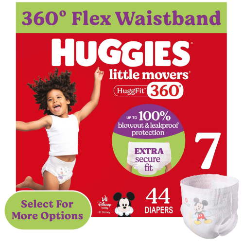 Huggies Little Movers HuggFit 360° Baby Diapers with 360° Waistband, Size 7 (41+ lbs), 44 Count (Select for More)