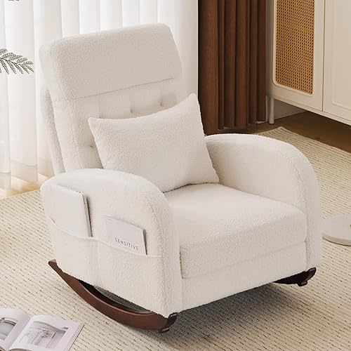 VINGLI Teddy Fleece Low Seat Rocking Chair,Boucle Upholstered Nursery Glider Chair with Side Pockets,Accent Arm Chair with High Backrest,Comfy Head Rest,Solid Wood,for Living Room, Bedroom,Beige