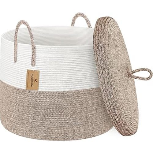 18" X18“ X 14" Large Storage Basket with Lid, Blanket Basket Living Room, Woven Cotton Rope Storage Box, Lidded Kids Dog Toy Bin, Wicker Laundry Basket, Blankets Pillows Organizer Holder
