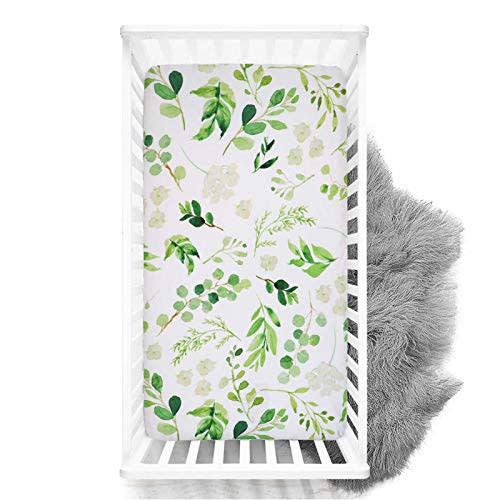 Crib Sheets HNHUAMING Neutral Baby Crib Fitted Sheets, Ultra Soft & Breathable 52 X 28 inch Crib Sheet Snug Fits for Standard Crib Mattress, Green Leaves