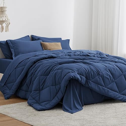 Love's cabin Full Comforter Set Dark Blue, 7 Pieces Full Bed in a Bag, All Season Bedding Sets with 1 Comforter, 1 Flat Sheet, 1 Fitted Sheet, 2 Pillowcase and 2 Pillow Sham