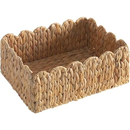 Scalloped Basket, Wicker Storage Baskets, Hand Woven Baskets for Shelves,Natural Baskets for Organizing (Water Hyacinth&M-14" L x 10.5" W x 6" H)