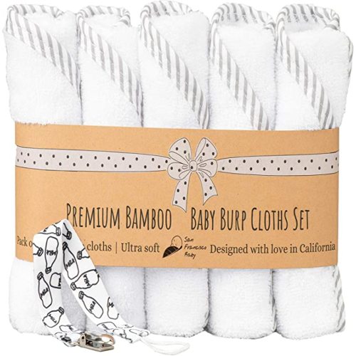 Ultra Soft Burp Cloths Unisex 5 Pack Bamboo and Cotton w/Pacifier Clip - Comfortable Fabric - Extra Absorbent Burping Bib for Spit-Ups and Spills - 19 x 9” Baby Burp Cloths/White and Gray