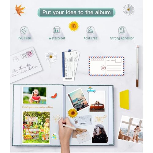 popotop Photo Album Self Adhesive with Picture Display Window,40 Pages DIY Scrapbooking Supplies Kit for 4x6 8x10 Picture,Linen Cover Memory Book for Baby Wedding, with Scraper and Metallic Pen