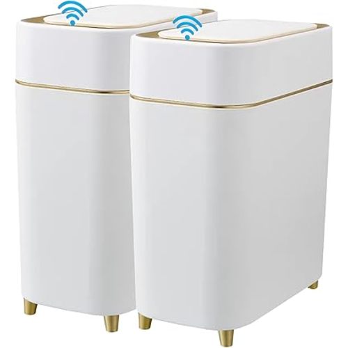 Yatmung 2-Pack - Automatic Compact Trash Can with Touchless Lid Smart Garbage Can - Waste Basket for Bathroom, Bedroom, Laundry Room, Small Spaces - Motion Sensor Trash Bin - White with Gold Edge