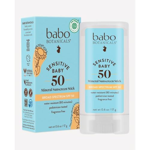 Babo Botanicals Sensitive Baby Mineral Sunscreen Stick SPF 50 - 70% Organic Ingredients - Zinc Oxide - NSF & MADE SAFE and EWG Certified - Water Resistant - Fragrance-Free - Babies & Kids