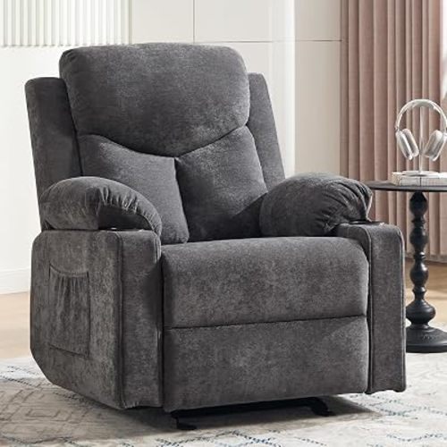 Manual Rocker Recliner Chair for Adults with Massage, Overstuffed Glider Rocking Chair with Cup Holders and Pockets for Living Room, Reclining Sofa Chair for Bedroom Nursery, Dark Gray