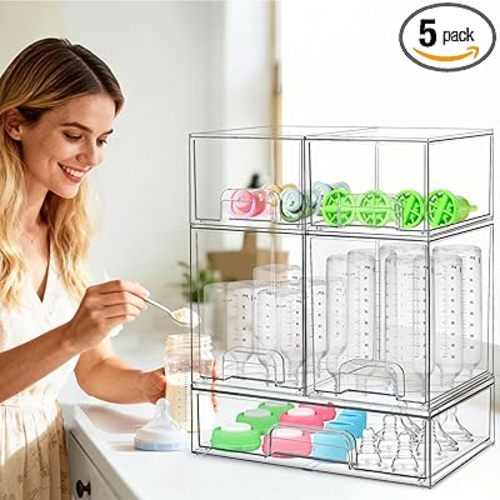 Baby Bottle Organizer for Countertop with Dust Protection, 5Pack Stackable Baby Organizers and Storage for Bottles, Clear Acrylic Container with Drawer for Kitchen, Cabinet, Vanity, Bathroom, Pantry