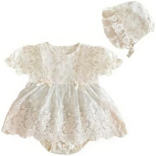 Baby Girl Floral Romper, Long Sleeve Lace Dress Bodysuit with Bonnet, Princess Style Outfit for Newborn and Infant