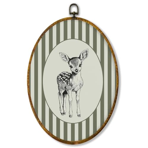 shiviody Sketch Baby Spotted Deer Nursery Canvas Wall Art Decor, Green Striped Nursery Decor, Forest Animal Oval Hanging Frame Prints Decorations for Home Kids Toddler Room Bedroom Playroom 8.6"x11.4"